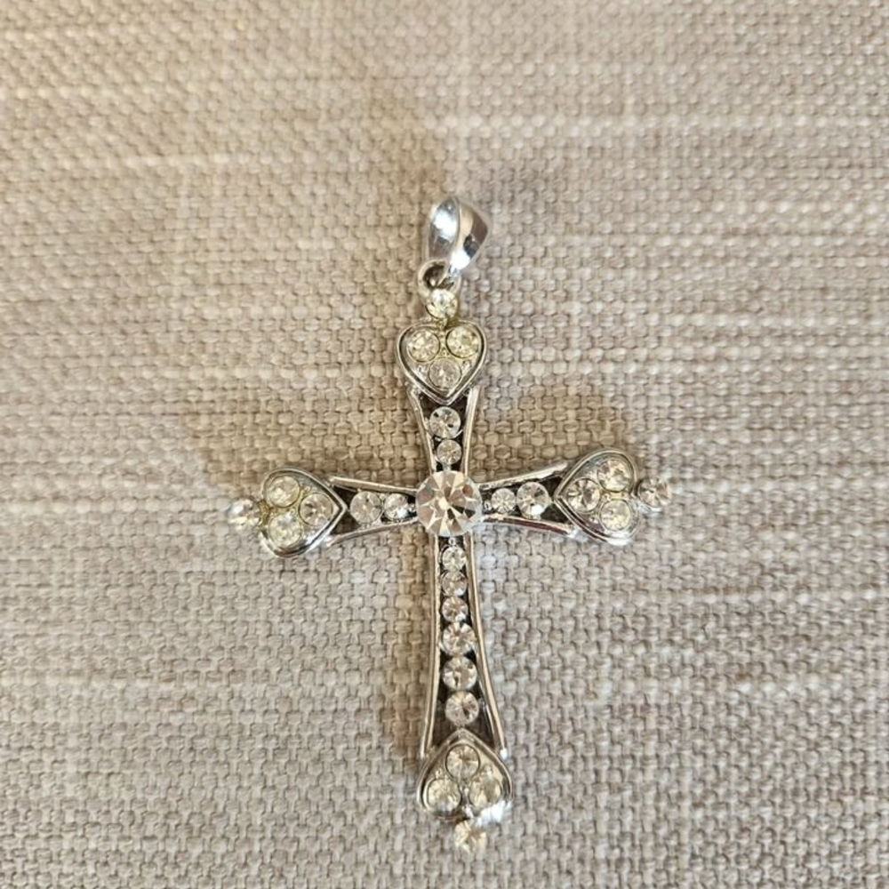 Silver Crystal Heart Cross Pendant Necklace - Sparkling Clear Rhinestones